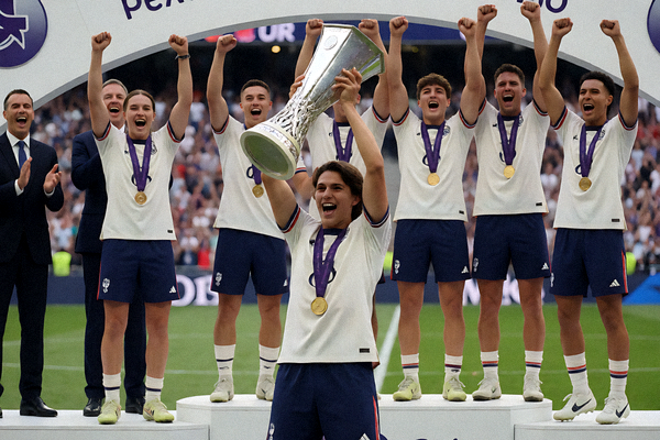 赛事颁奖仪式上球队举起奖杯庆祝的画面